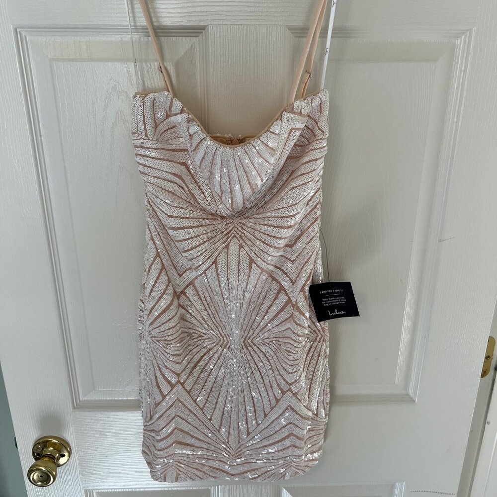 LULUS Shiny White/Beige Sequin Mini Dress
